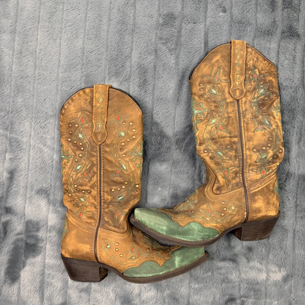 Dan Post Cowboy Boots Women 6.5 Brown Green Embroidered Studded Snip Toe 52032